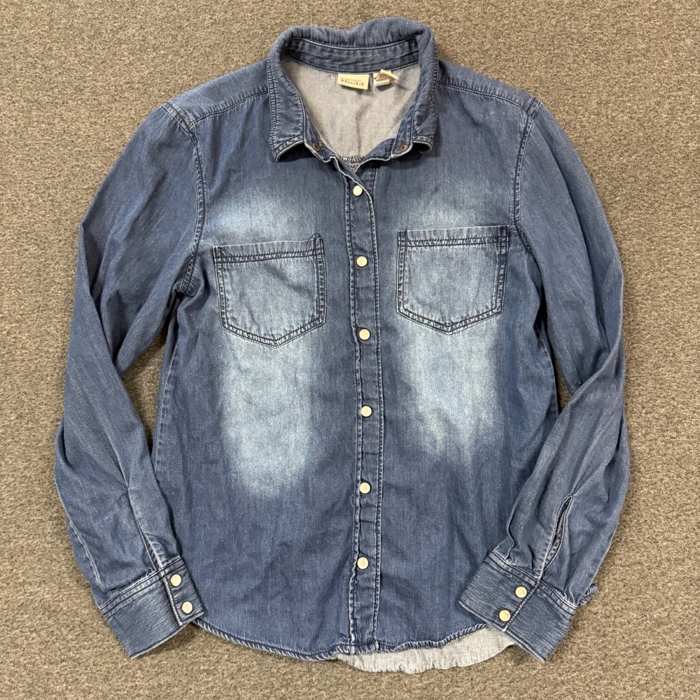 Modern Mudd Denim Button Up Shirt Womens Medium Blue Good Faded Long Sleeve Top
